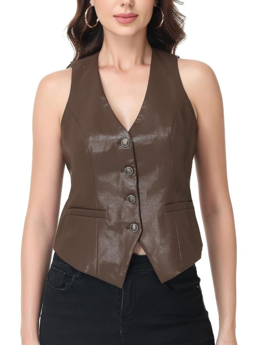 Chic Women's V Neck PU Leather Vest Top - Stylish Waistcoat for Layering